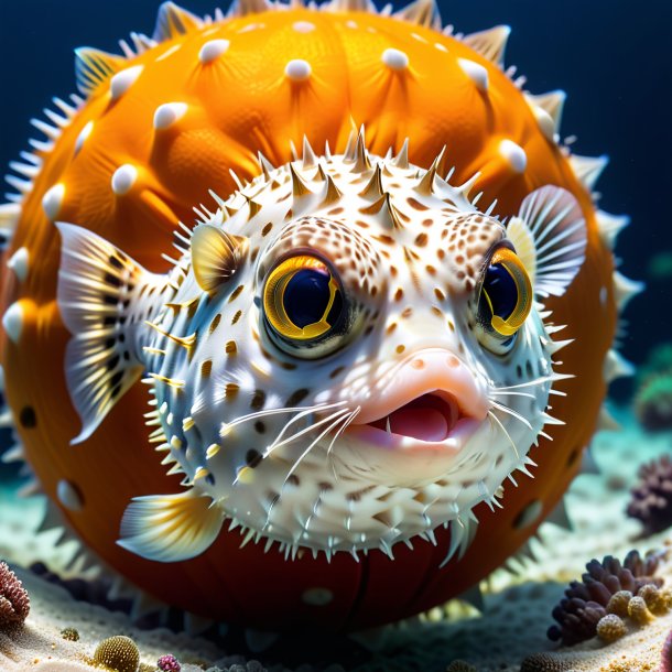 Image of a pufferfish in a orange belt