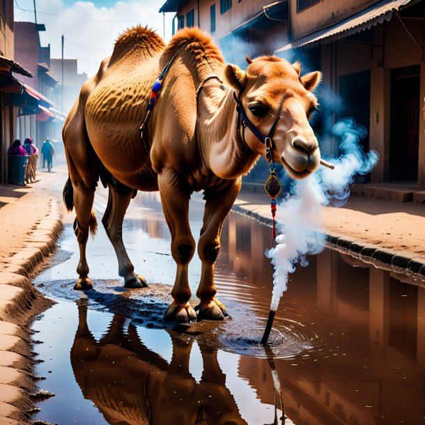 Image of a smoking of a camel in the puddle