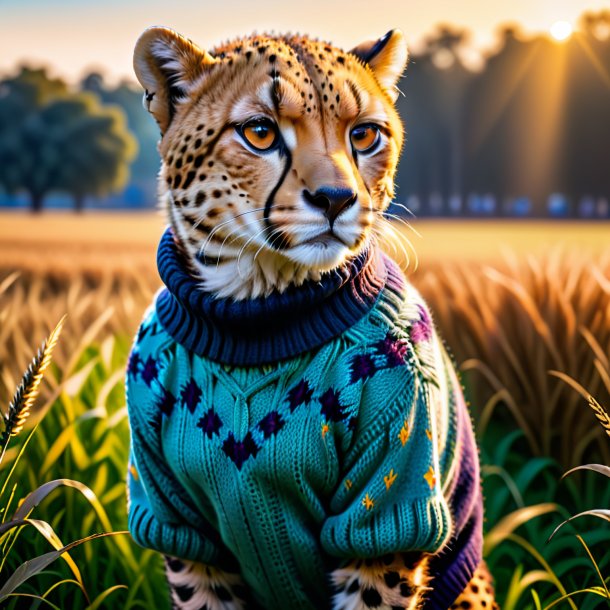 Image of a cheetah in a sweater on the field