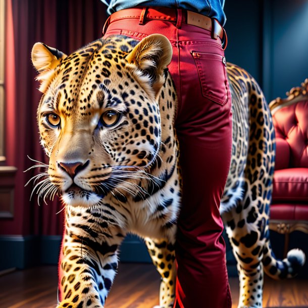 Retrato de um leopardo em um jeans vermelho