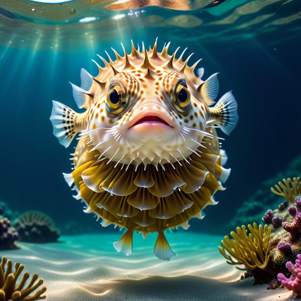 Picture of a pufferfish in a skirt in the water