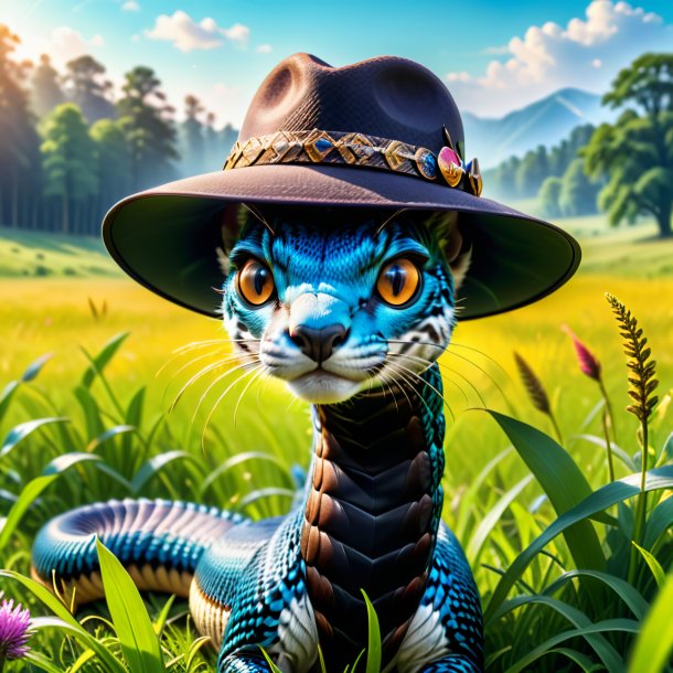 Picture of a cobra in a hat in the meadow