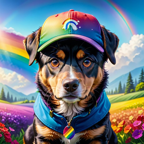 Foto de un perro en una gorra en el arco iris