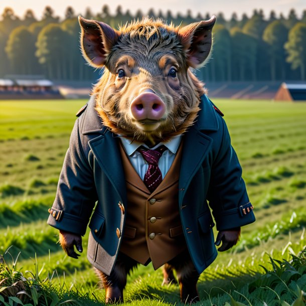 Pic of a boar in a coat on the field