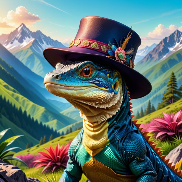 Illustration of a monitor lizard in a hat in the mountains