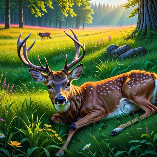 Image of a sleeping of a deer in the meadow