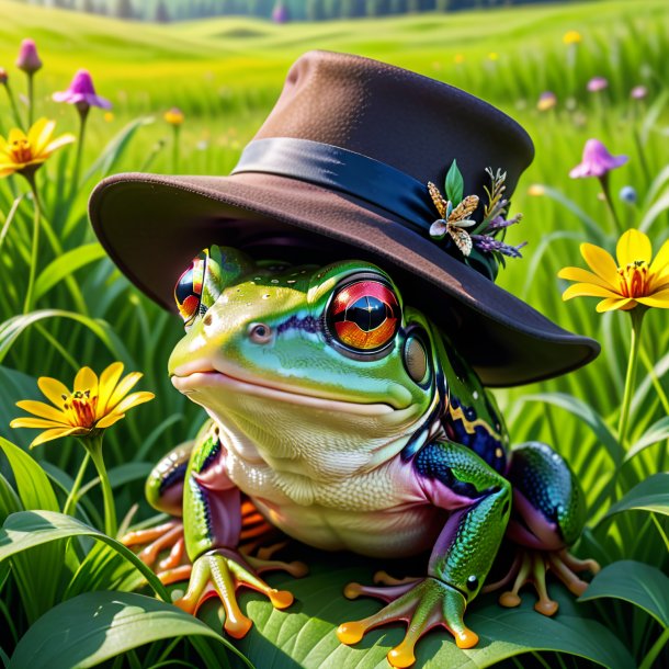 Pic d'une grenouille dans un chapeau dans la prairie