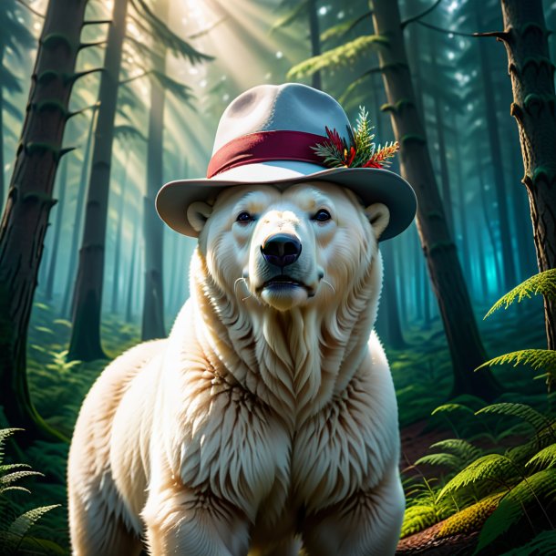 Image of a polar bear in a hat in the forest