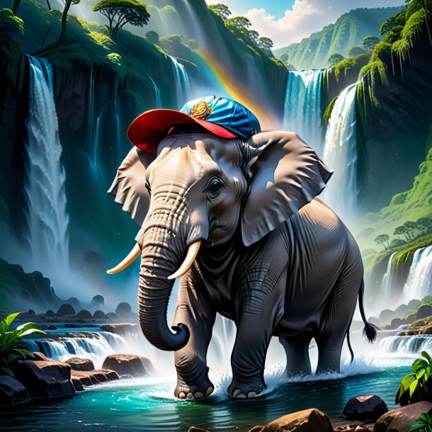 Drawing of a elephant in a cap in the waterfall