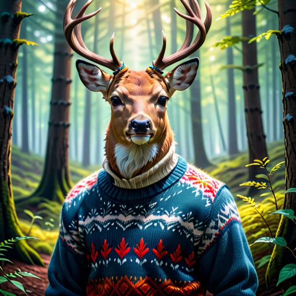 Pic of a deer in a sweater in the forest