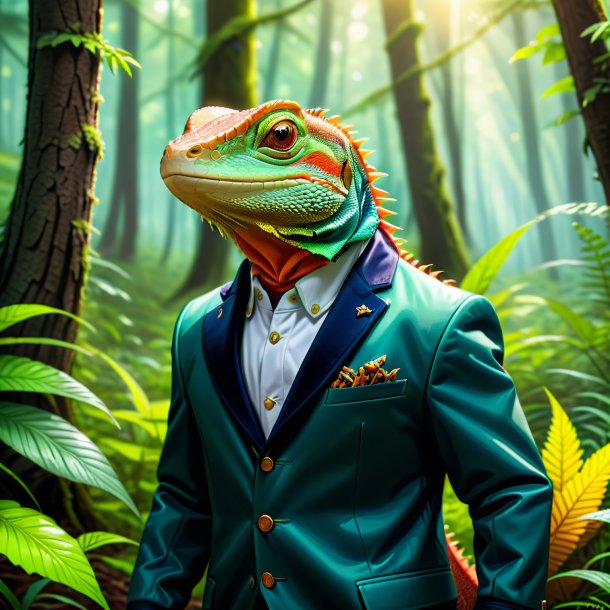 Ilustración de un lagarto en una chaqueta en el bosque