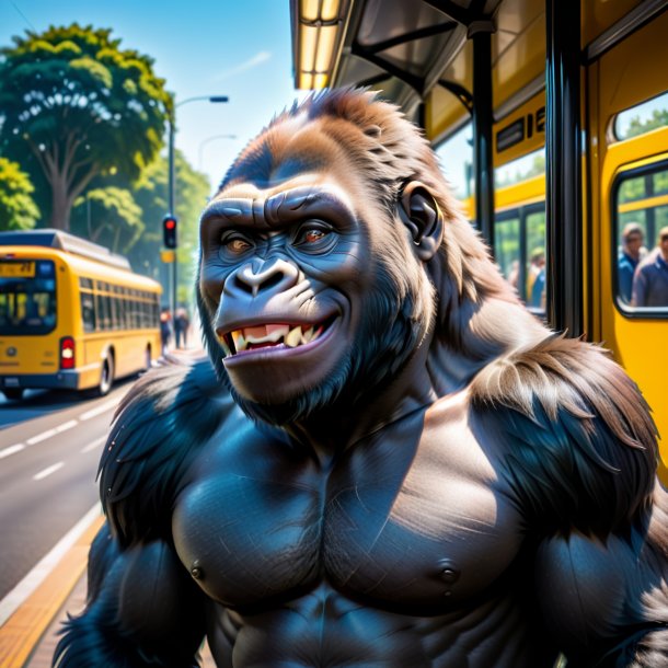 Pic of a smiling of a gorilla on the bus stop