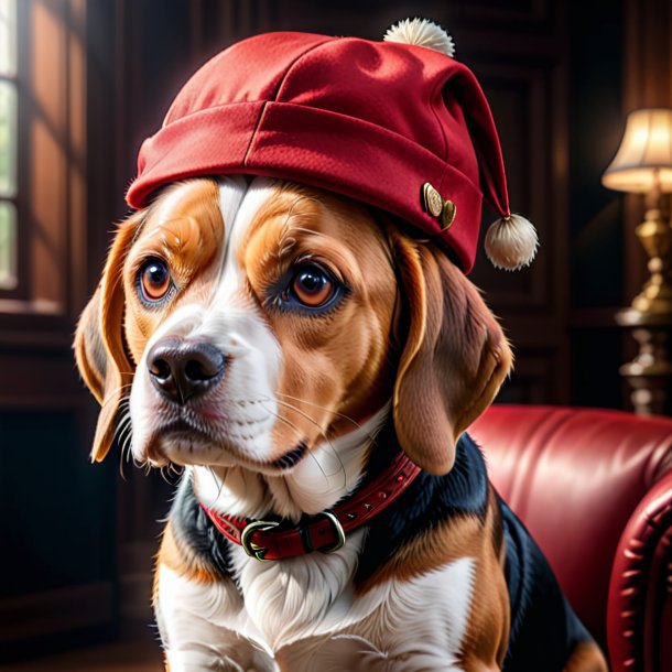 Picture of a beagle in a red cap