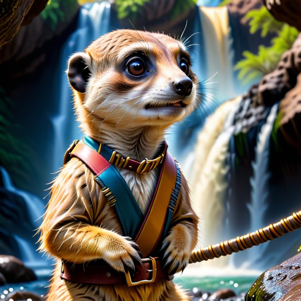 Image of a meerkat in a belt in the waterfall