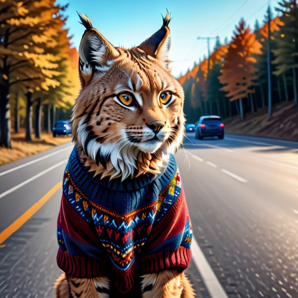 Drawing of a lynx in a sweater on the road