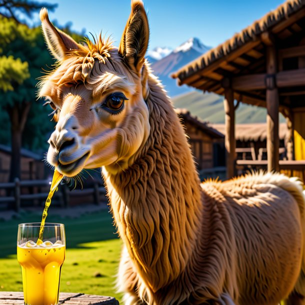 Image of a yellow drinking llama