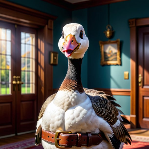 Image of a goose in a belt in the house