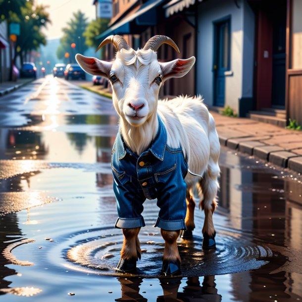 Foto de una cabra en un jeans en el charco