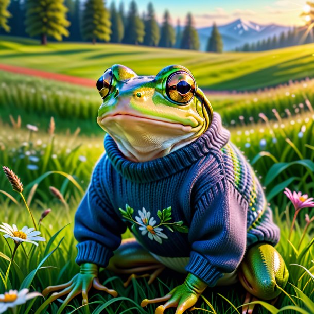 Image d'une grenouille dans un pull dans la prairie