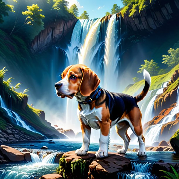 Desenho de um beagle em um jeans na cachoeira