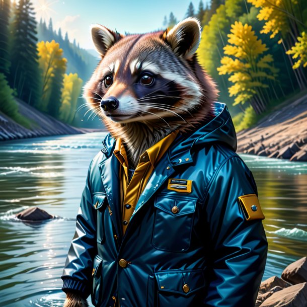 Ilustración de un mapache en una chaqueta en el río