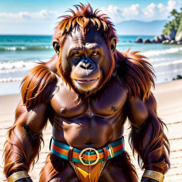 Pic of a orangutan in a belt on the beach