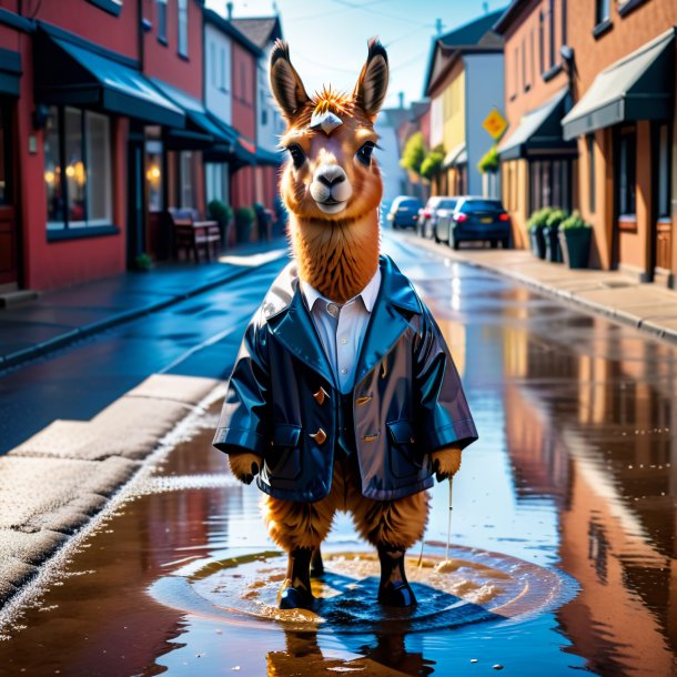 Pic d'un lama dans un manteau dans la flaque