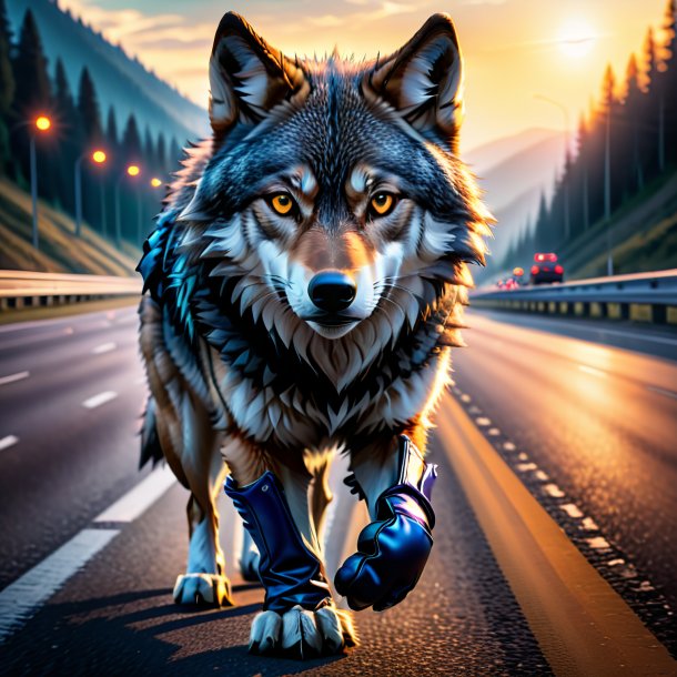 Photo of a wolf in a gloves on the highway