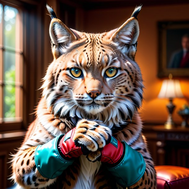 Photo of a lynx in a gloves in the house