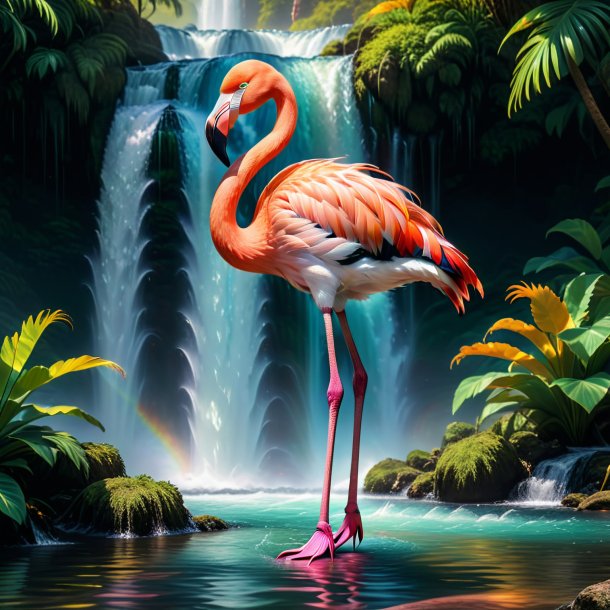 Picture of a flamingo in a trousers in the waterfall