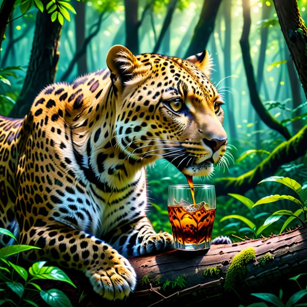 Imagem de um beber de um leopardo na floresta