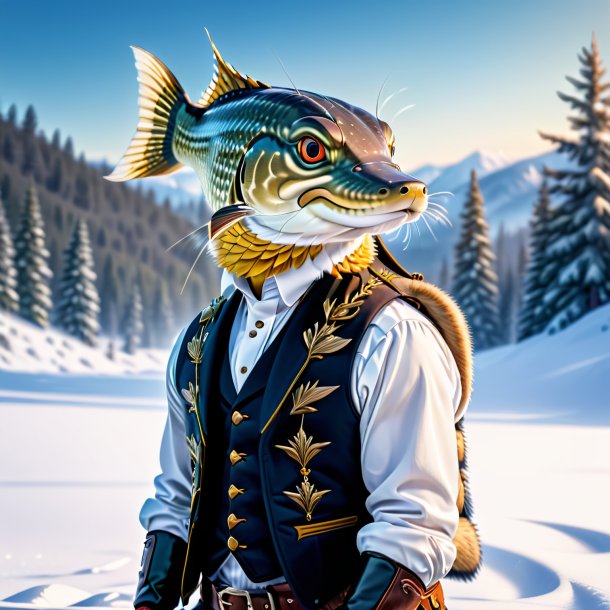 Image of a pike in a vest in the snow