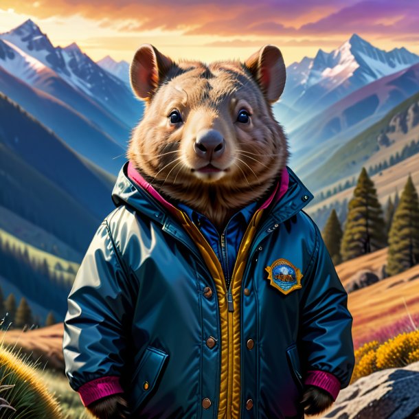 Desenho de um wombat em uma jaqueta nas montanhas