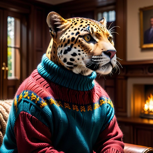 Pic d'un jaguar dans un pull dans la maison