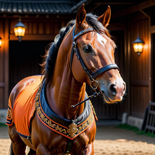 Imagem de um cavalo em uma jaqueta laranja