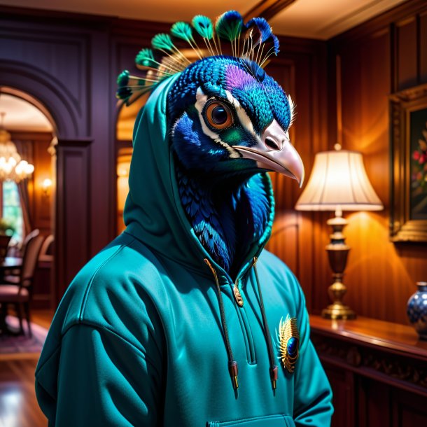 Pic of a peacock in a hoodie in the house