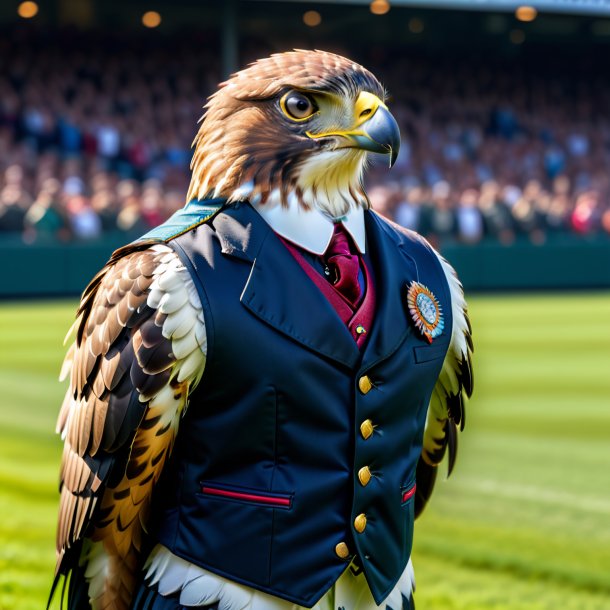 Picture of a hawk in a vest on the field