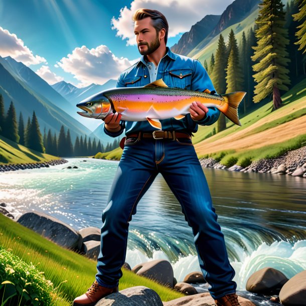 Pic of a salmon in a jeans in the mountains