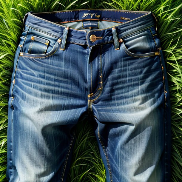 Photography of a navy blue jeans from grass