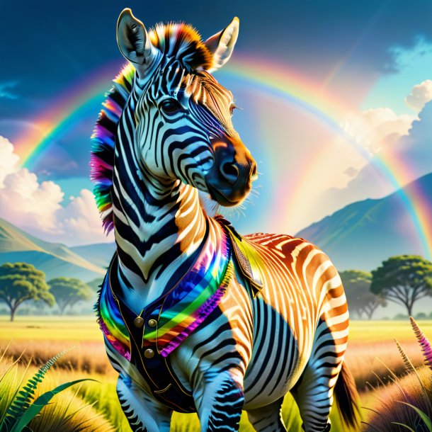 Illustration of a zebra in a vest on the rainbow