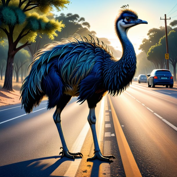 Drawing of a emu in a jeans on the road