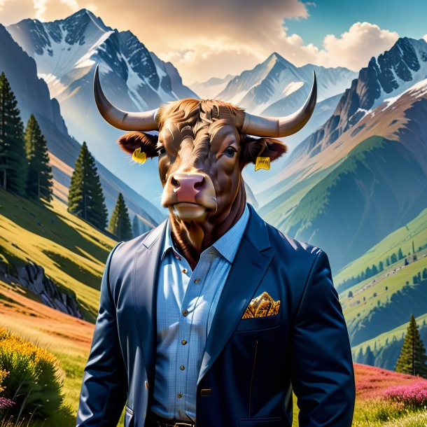 Photo of a bull in a jacket in the mountains