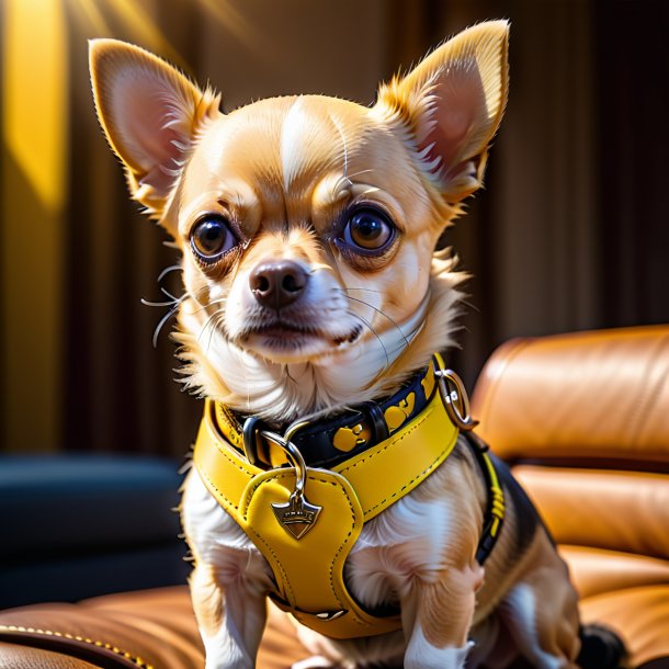 Pic d'un chihuahua dans une ceinture jaune