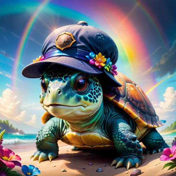 Picture of a turtle in a cap on the rainbow