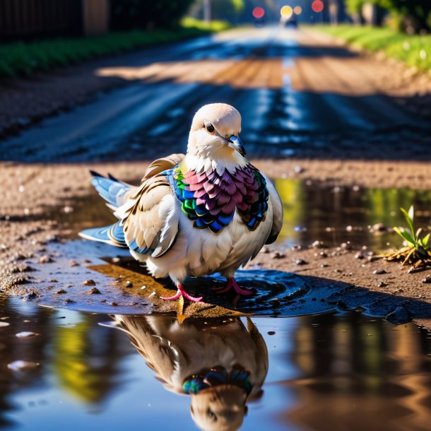 Imagem de uma pomba em um colete na poça