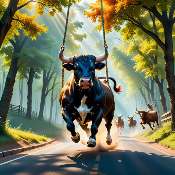 Pic of a swinging on a swing of a bull on the road