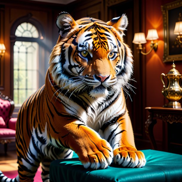 Photo of a tiger in a gloves in the house