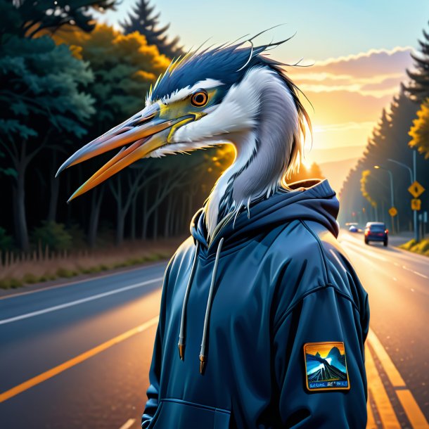 Drawing of a heron in a hoodie on the road