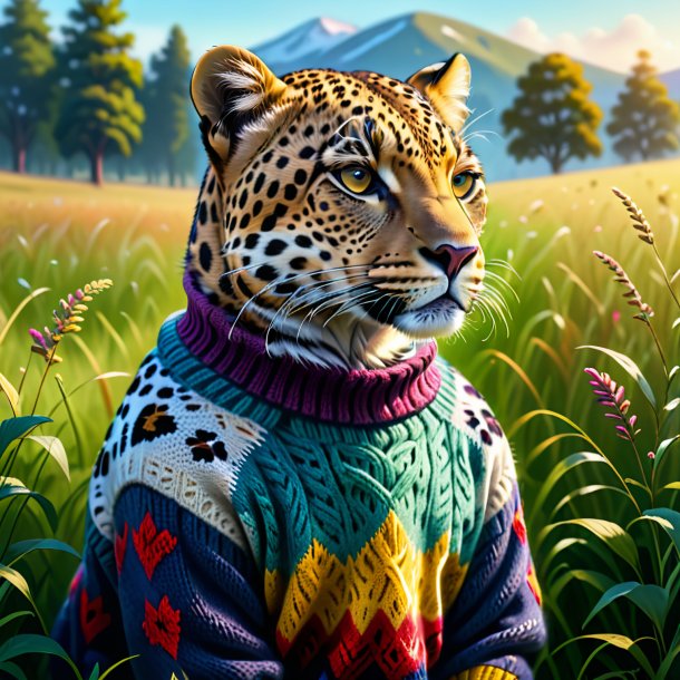 Illustration of a leopard in a sweater in the meadow