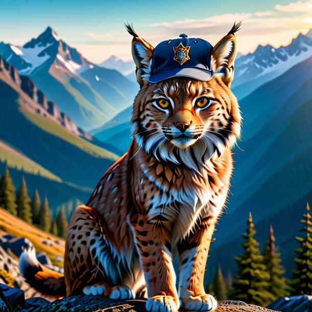 Picture of a lynx in a cap in the mountains